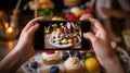 A woman photographs a healthy breakfast for a blog. Generative AI technology