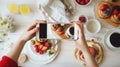 A woman photographs a healthy breakfast for a blog. Generative AI technology