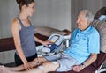 Woman, physiotherapist and bed with senior patient for monitoring vitals, joints or health at clinic. Female person or