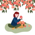 Woman pick fruits in basket. Gardener pluck peach in garden. Girl sit under peach tree. Organic local harvest. Girl is in Garden