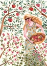 Woman picking apples in the orchard, watercolor illustration.