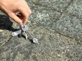 Woman picking bunch of keys from pavement outdoors, closeup. Space for text