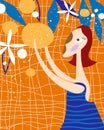 Woman picking fruit oranges on orange background. primitive naive poster graphic design. Geometric shapes. Minimalistic abstract