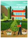 Woman picking grape at vineyard next to farm house. Wine farm landscape and vineyard concept vector illustration Royalty Free Stock Photo