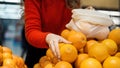 Woman picking oranges in a reusable bag. Ecology, Earth Day thematics