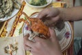 A woman picks apart a cooked flower crab, known locally as Alimasag. A common southeast asian staple and delicacy for lunch. Royalty Free Stock Photo