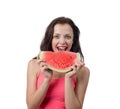 Woman with piece of watermelon on white background Royalty Free Stock Photo