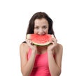 Woman with piece of watermelon on white background Royalty Free Stock Photo