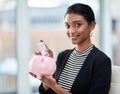 Woman, piggy bank and saving money for future investment,.financial freedom and growth in a portrait. Inflation, economy Royalty Free Stock Photo