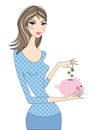 Woman with piggy bank, vector