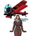 Woman pilot of a vintage biplane airplane. isolate on white background Royalty Free Stock Photo