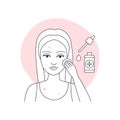 Woman with pimply skin on face applying serum with cotton pad for acne treatment