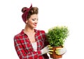 Woman with pin-up hairstyle holding flower pot with yellow daisies Royalty Free Stock Photo