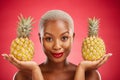 Woman, pineapple and studio portrait for skincare, beauty and diet for wellness, health and red background. African