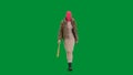 Woman in pink balaclava, tiger fur coat and evening dress walking with a bat in her hand. Woman freak on green Royalty Free Stock Photo