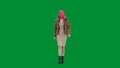 Woman in pink balaclava, tiger fur coat and evening dress walking. Woman freak on green background in studio. Fashion Royalty Free Stock Photo