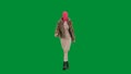 Woman in pink balaclava, tiger fur coat and evening dress walking. Woman freak on green background in studio. Fashion Royalty Free Stock Photo