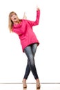 Woman pink blouse showing copy space Royalty Free Stock Photo