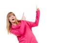 Woman pink blouse showing copy space Royalty Free Stock Photo