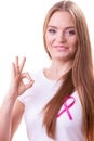 Woman pink cancer ribbon on chest making ok sign