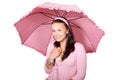 Woman with pink dotted umbrella isolated