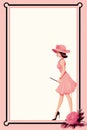 a woman in a pink dress holding a cane and walking in front of an ornate frame