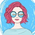 Woman with pink hair in mirrored sunglasses. Hand-drawn. Royalty Free Stock Photo