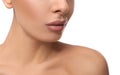 Woman with pink lipstick on white, closeup Royalty Free Stock Photo