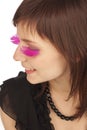 Woman with pink long feather false eyelashes