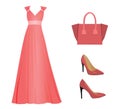 Woman pink outfit, dress, handbag and shoes