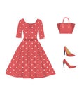 Woman pink outfit set, dress, handbag and shoes