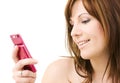Woman with pink phone Royalty Free Stock Photo
