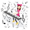 Woman in Pink Playing Electric Piano with Notes