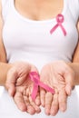 Woman & pink ribbon to support breast cancer cause Royalty Free Stock Photo