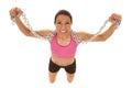 Woman pink sports bra chain kneel