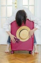 Suitcase pink passport Romanian hand woman big luggage baggage hat summer door