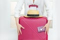 Suitcase pink passport Romanian hand woman big luggage baggage hat summer door