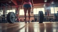 A woman in a pink top is standing next to two barbells, AI Royalty Free Stock Photo