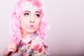 Woman with pink wig creative visage Royalty Free Stock Photo