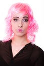 Woman with pink wig creative visage portrait Royalty Free Stock Photo