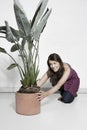 Woman Placing Large Potted Plant On Floor