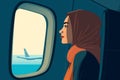 trip woman character passenger transportation window flight journey aeroplane plane seat. Generative AI.