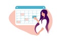 A woman is planning a medical appointment for pregnancy. The girl points to the date on the calendar. Pregnancy Calendar. Flat