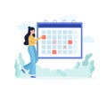 Woman Planning Schedule with Calendar. Circle Date on Huge Calendar. Business Plan. Time Management. Memo Reminder. Work