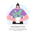 Woman with plant in the pot. Houseplant care banner. Vector