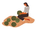 Woman at plantation holding ripe watermelons fruits vector