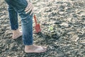 Woman planted a tree on a drought-stricken land. Royalty Free Stock Photo