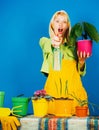 Woman planting flowers in pot. Watering flowers. Gardener woman planting flowers. Cute blonde gardening at isolated Royalty Free Stock Photo