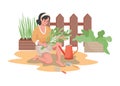 Woman planting and watering garden flowers or vegetables vector flat illustration. Summertime gardening concept. Royalty Free Stock Photo