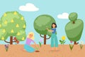 Woman plants flowers in spring garden with blooming flowers, grass and trees cartoon vector illustration.